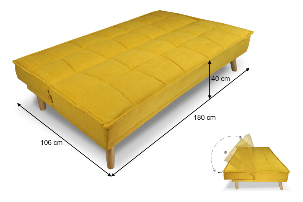 Divano letto clic clac in tessuto vellutato giallo, divano 3 posti mod. Bart Arredo