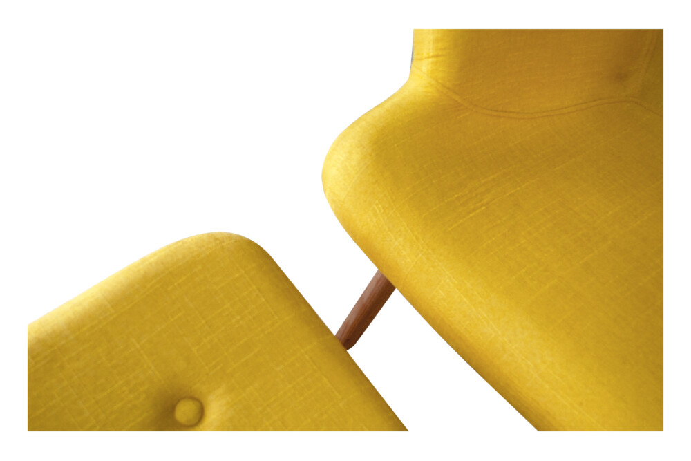 Poltrona con pouf poggiapiedi giallo in stile scandinavo con piedi in legno Arredo