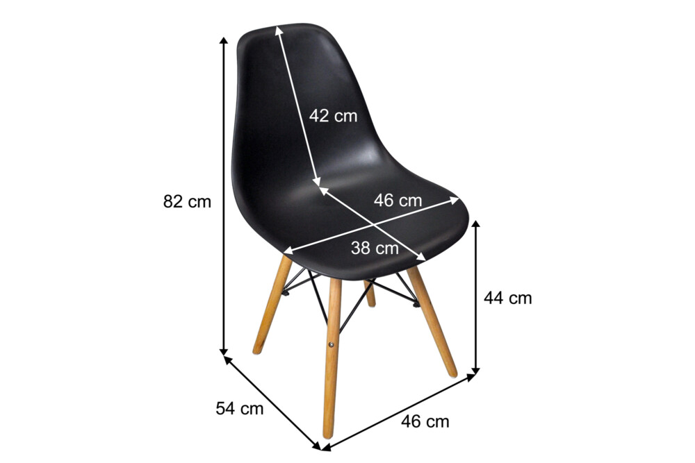 Sedia in plastica nera con gamba, piede in legno, ispirata a Eames Torre Eiffel Arredo