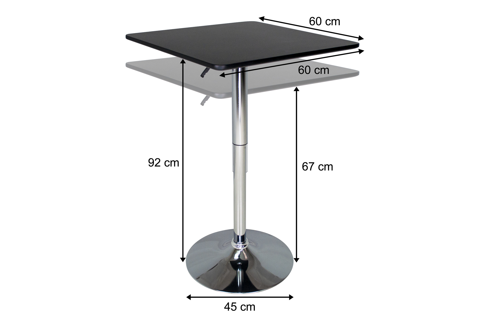 Tavolo regolabile in altezza quadrato 60x60 nero, tavolo alto da