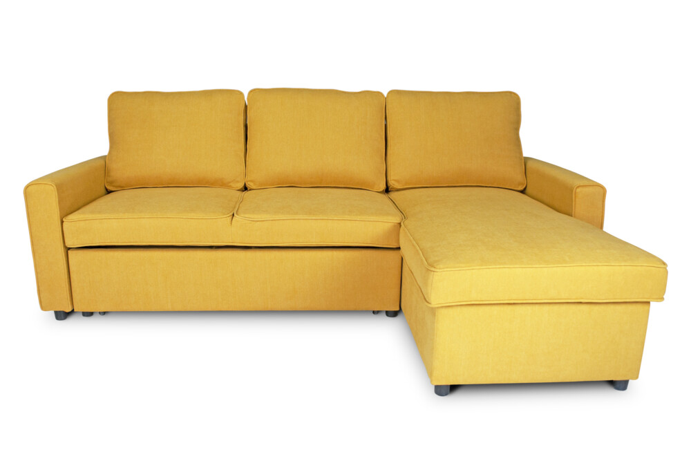 Divano letto angolare con contenitore, divano con chaise longue giallo mod. Kennedy Arredo