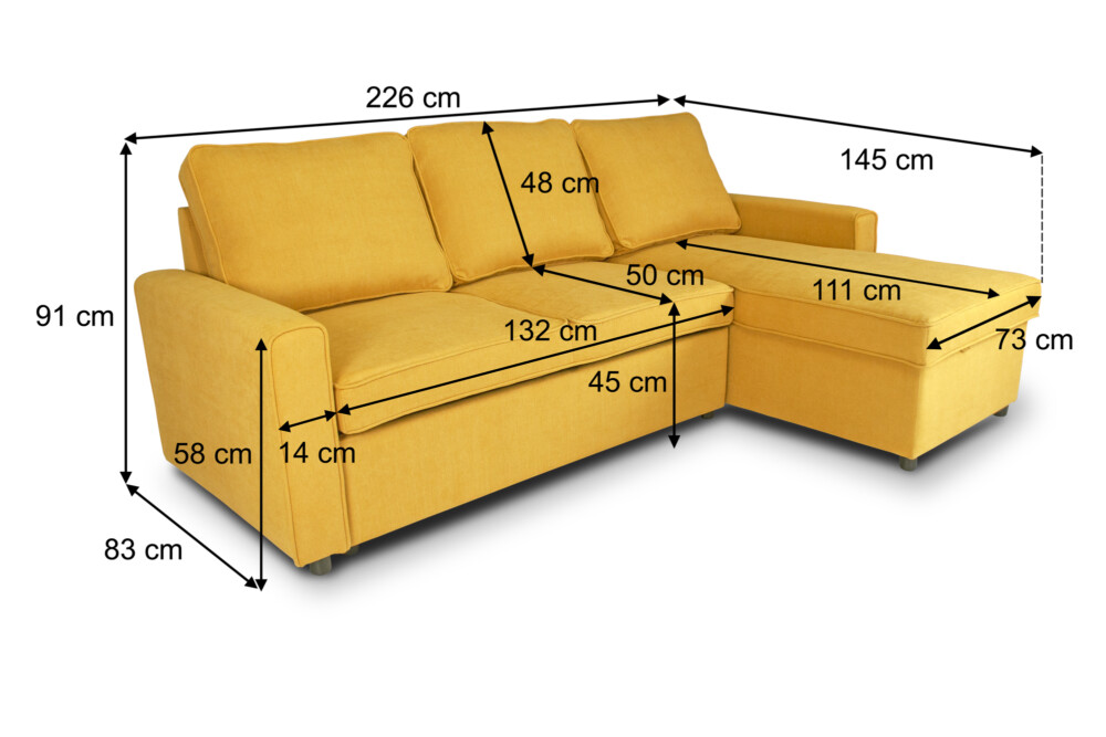 Divano letto angolare con contenitore, divano con chaise longue giallo mod. Kennedy Arredo