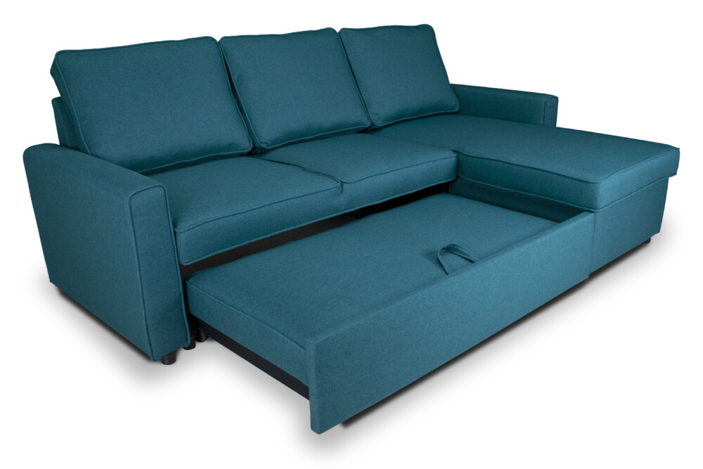 Divano letto angolare con contenitore, divano con chaise longue blu petrolio mod. Kennedy Arredo