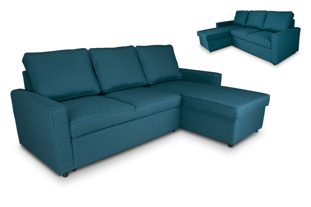Divano letto angolare con contenitore, divano con chaise longue blu petrolio mod. Kennedy Arredo