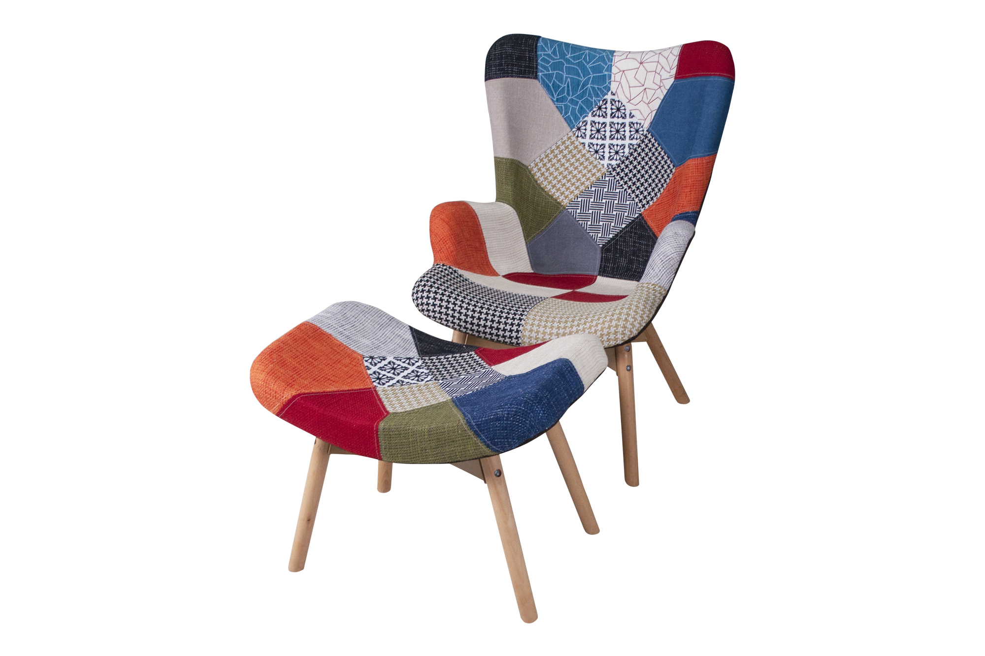 Poltrona con pouf poggiapiedi patchwork in stile scandinavo con piedi in  legno – Samira Italia