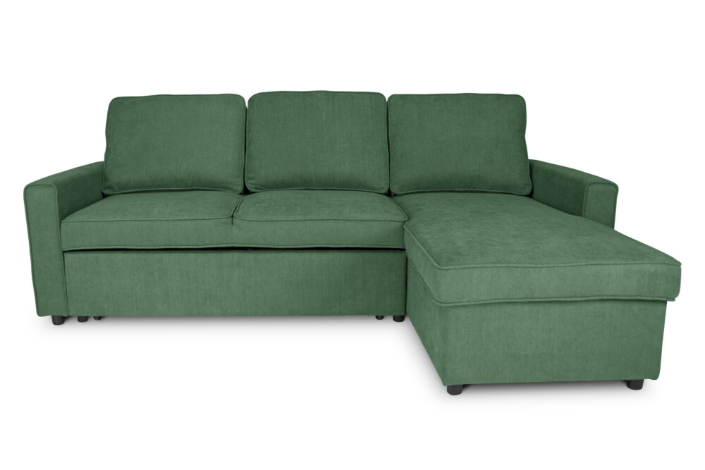 Divano letto angolare con contenitore, divano con chaise longue verde abete mod. Kennedy Arredo