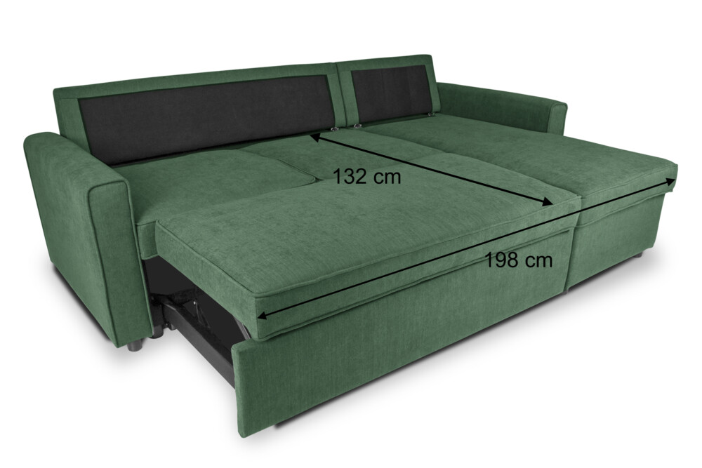 Divano letto angolare con contenitore, divano con chaise longue verde abete mod. Kennedy Arredo